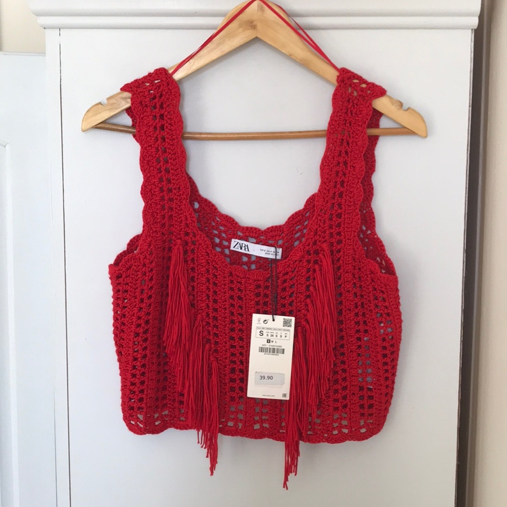 Zara Red Fringe Crochet Top